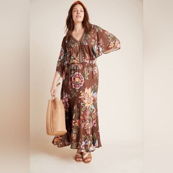 Farm Rio Anthropologie Valentina Dress In Brown Motif Size Extra Small NWT - Picture 6 of 15